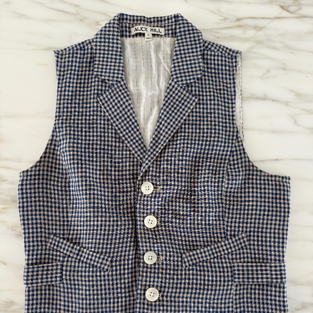 Alex Mill Navy Gingham Linen Blend Tailored Vest Size S